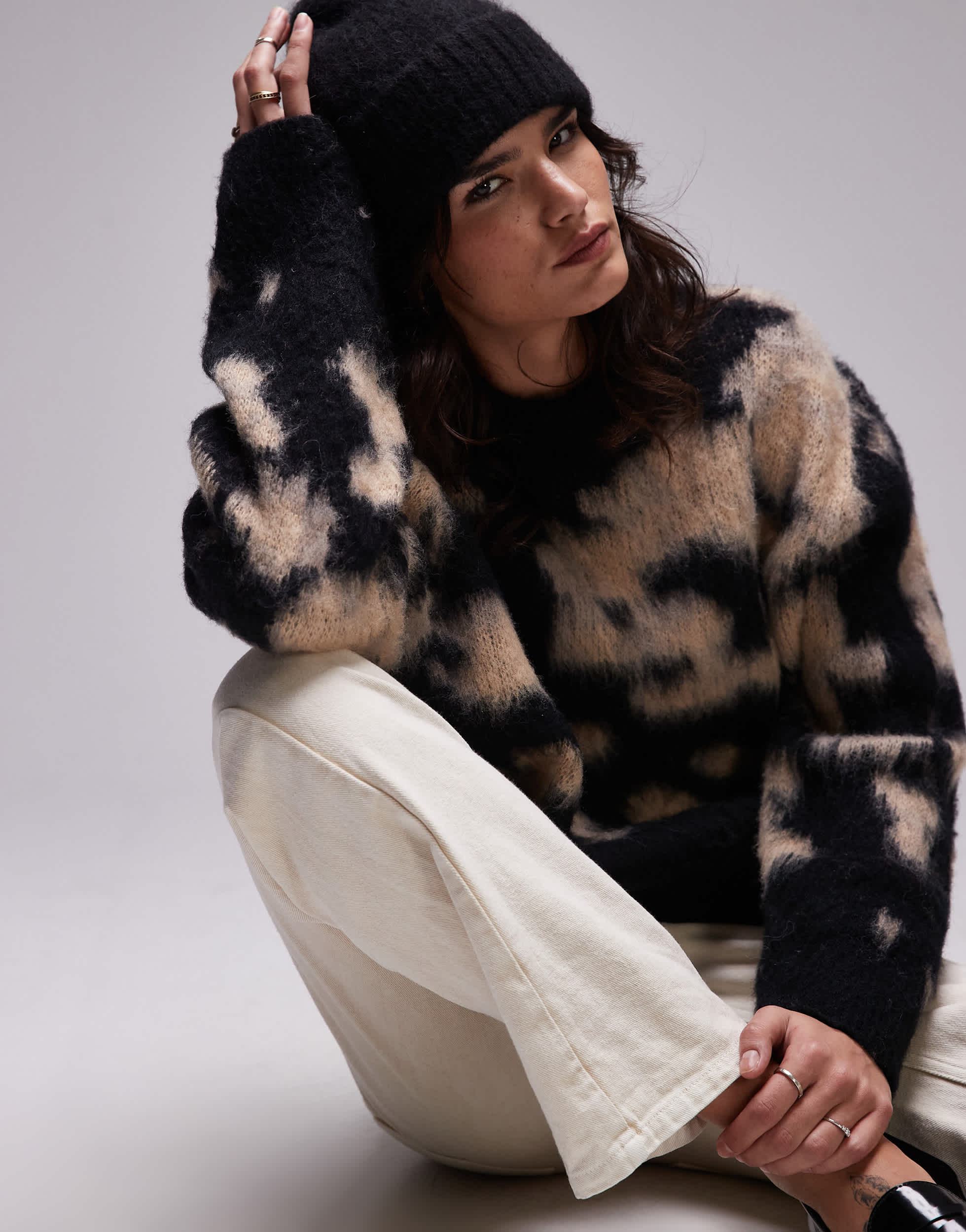 Topshop knitted blur brushed floral animal oversized jumper in neutral