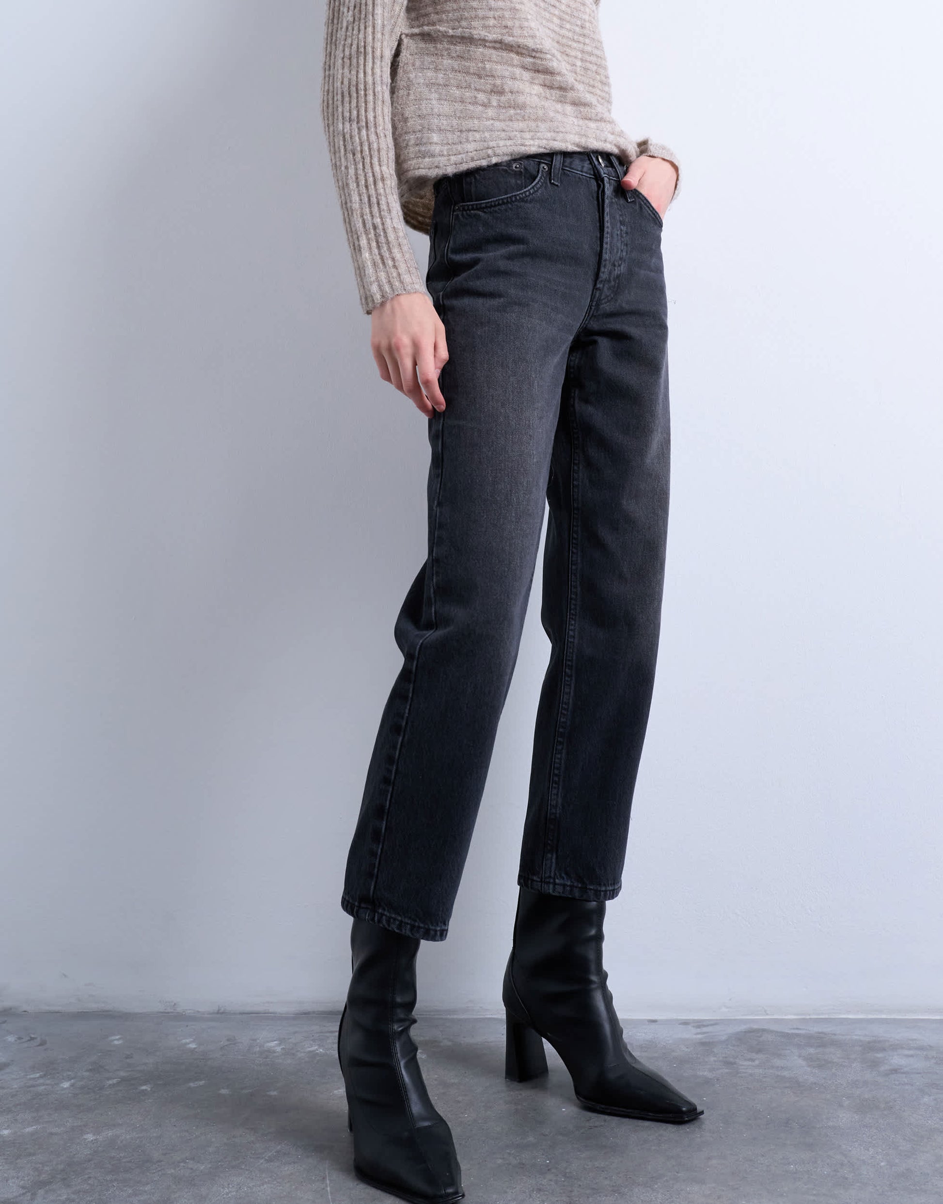 Topshop Runway mid rise straight cropped jean in washed black