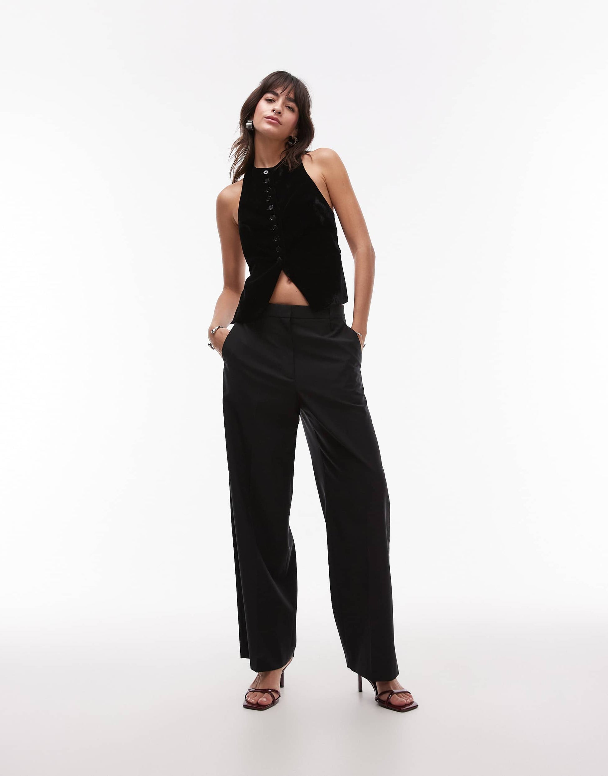 Topshop velvet button up waistcoat in black