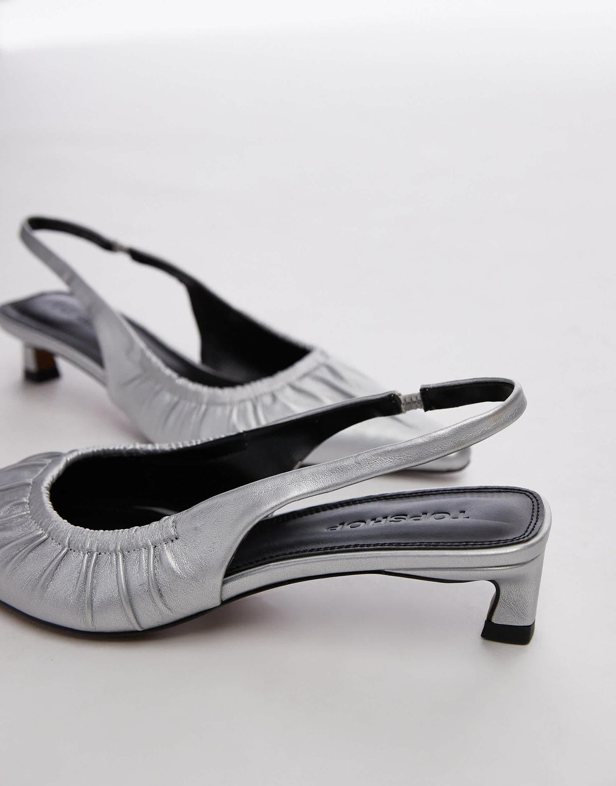 Topshop Ely mid heel ruched slingbacks in silver