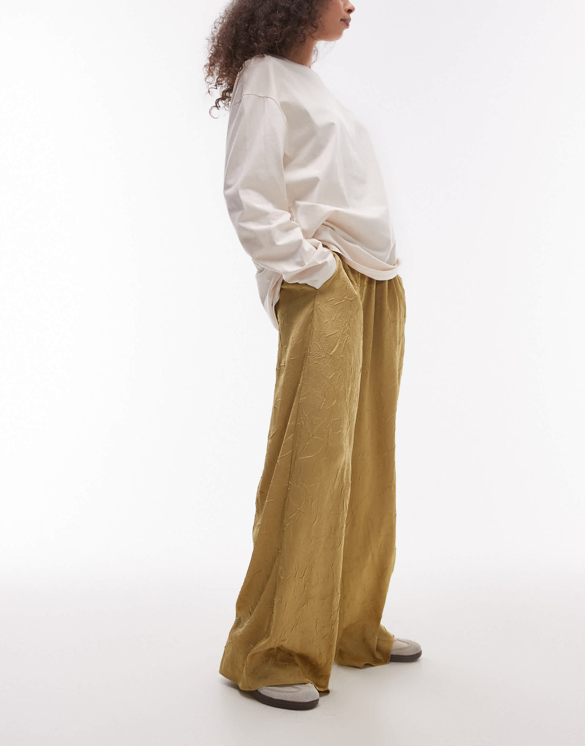 Topshop crinkle satin wide leg trouser in champagne