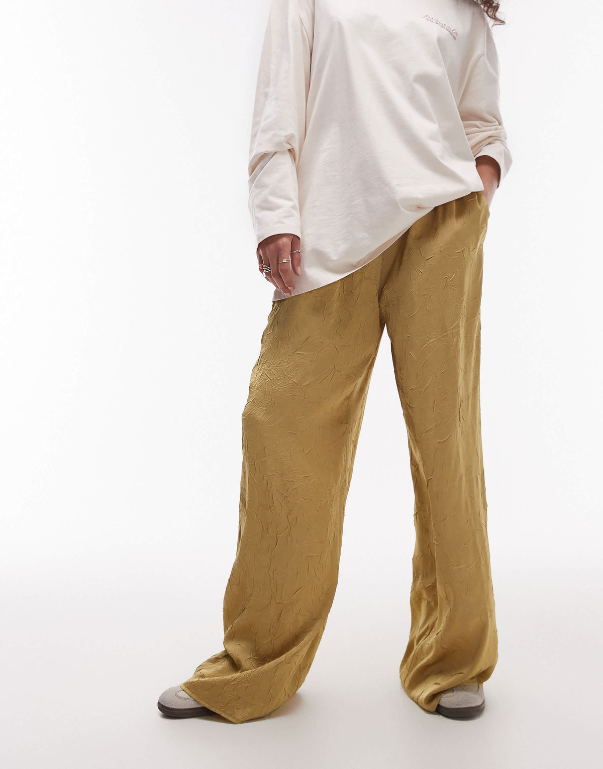 Topshop crinkle satin wide leg trouser in champagne