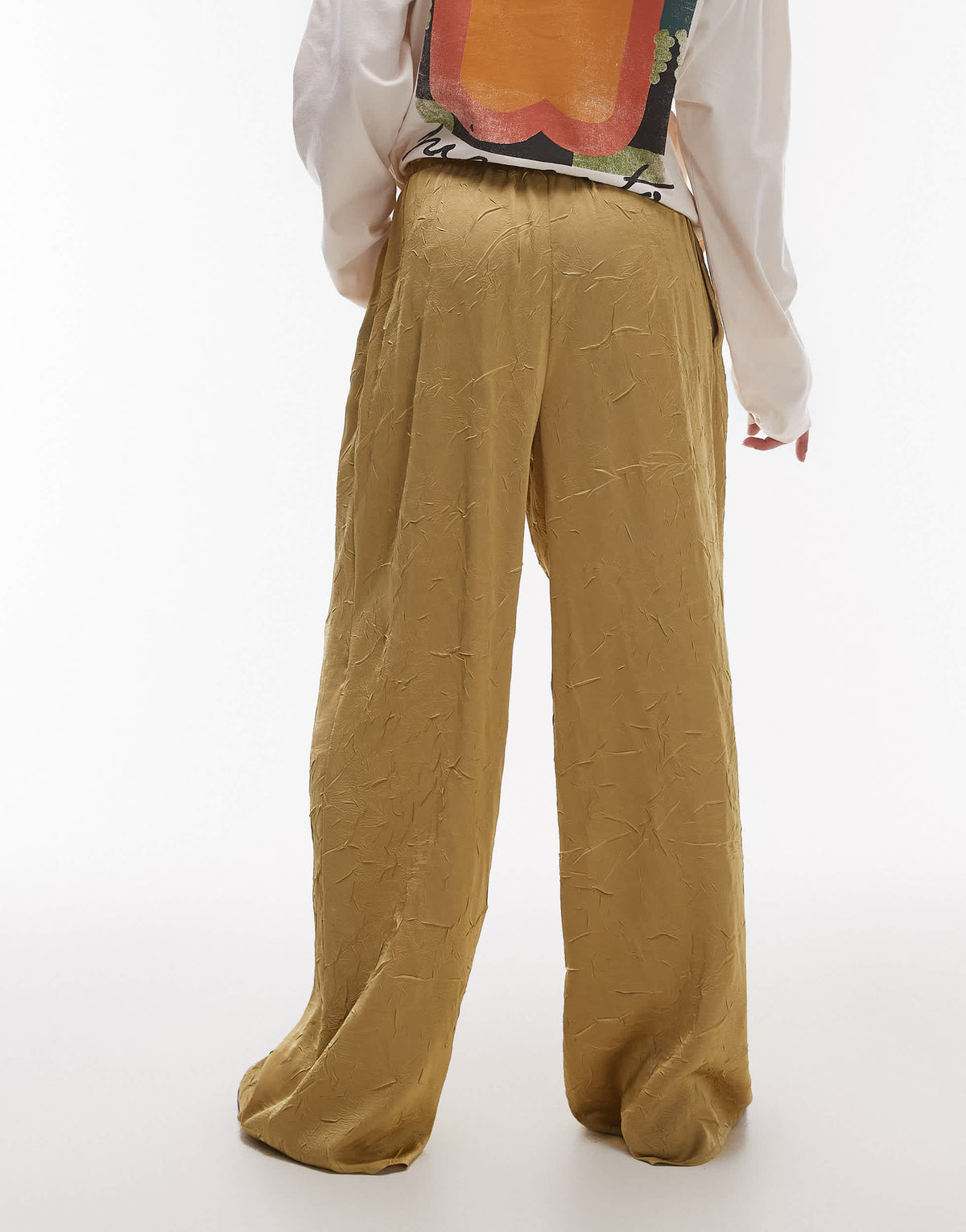 Topshop crinkle satin wide leg trouser in champagne