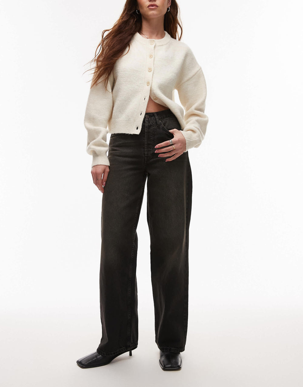 Jean droit Topshop à taille mi-haute et coupe ample, noir délavé vintage