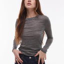 Topshop wool mix long sleeve top in dark grey marl