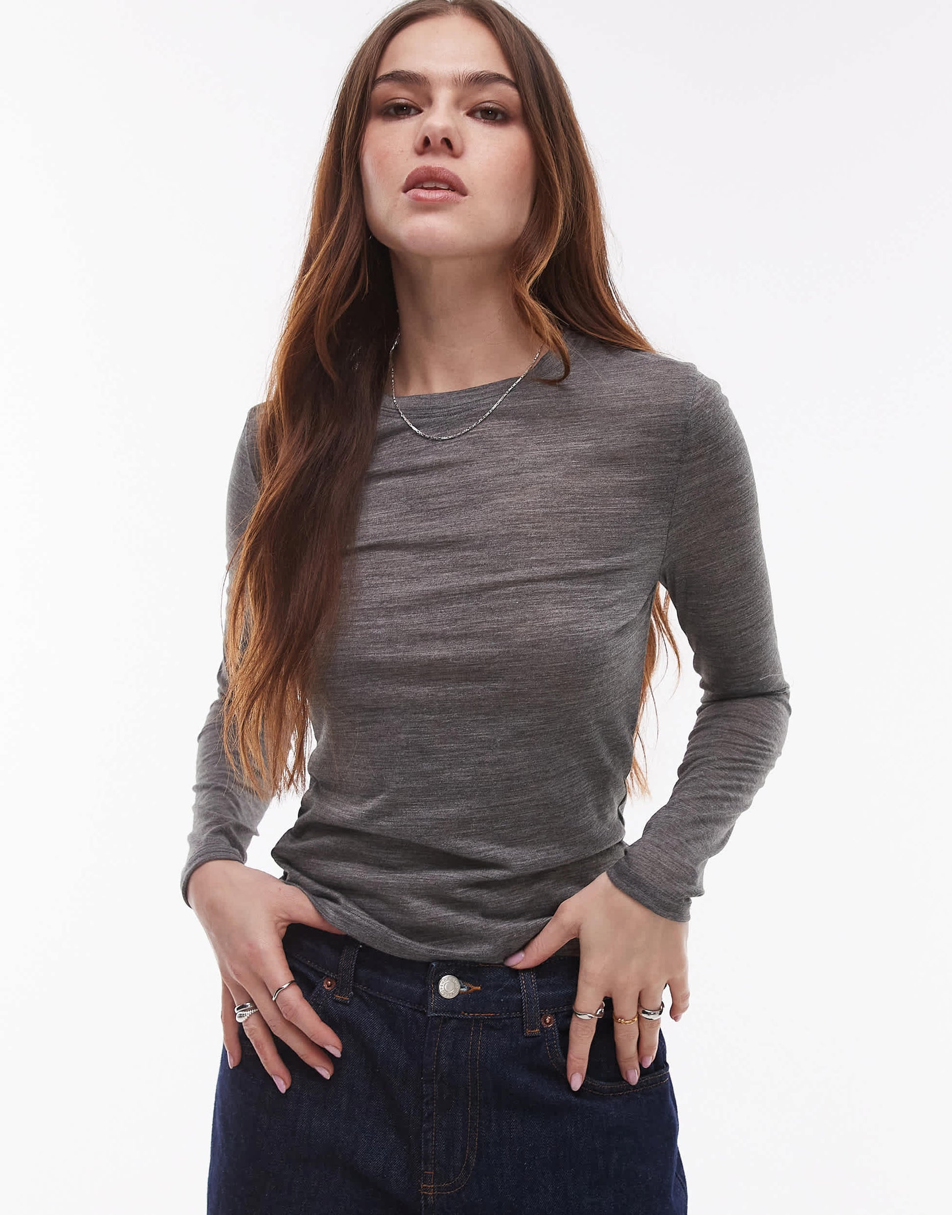 Topshop wool mix long sleeve top in dark grey marl