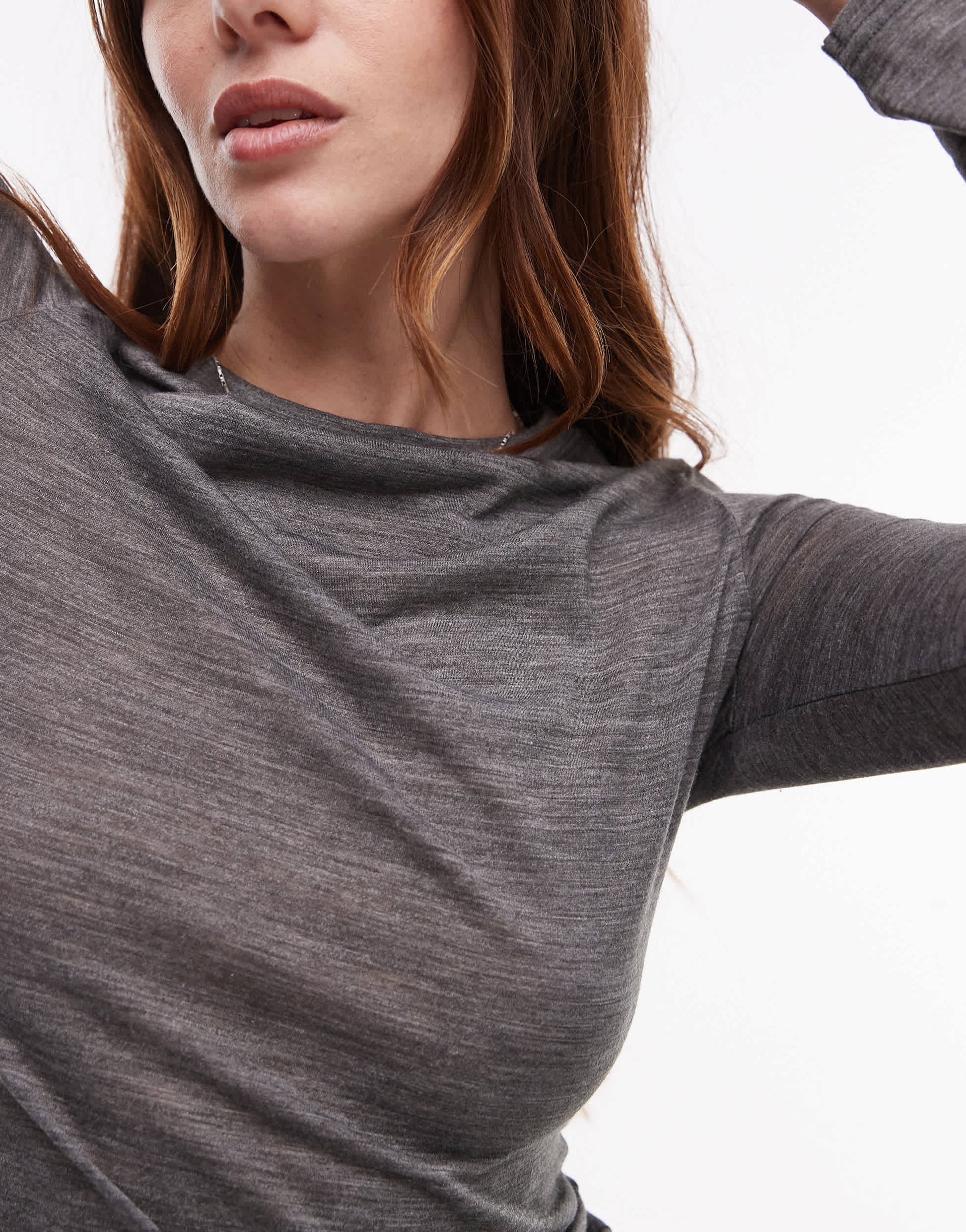 Topshop wool mix long sleeve top in dark grey marl