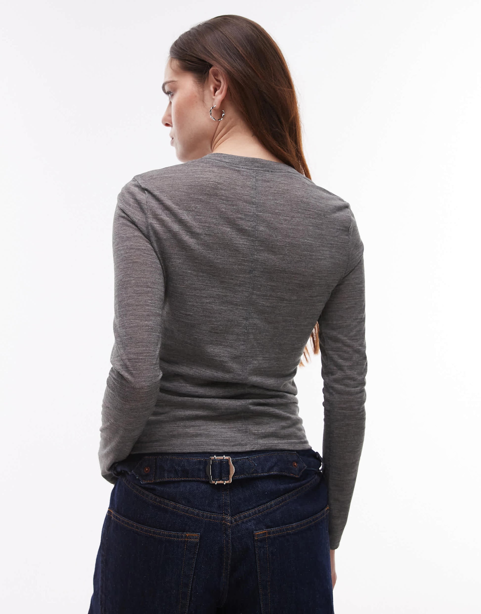 Topshop wool mix long sleeve top in dark grey marl