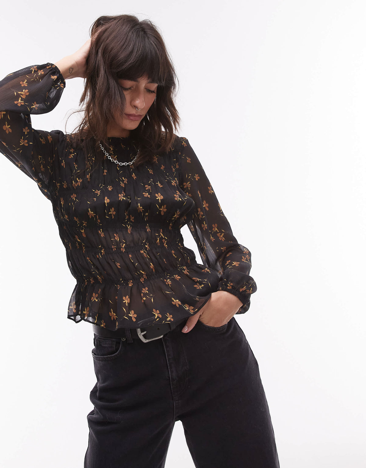 Topshop asymmetric shirred top in sheer black base ditsy