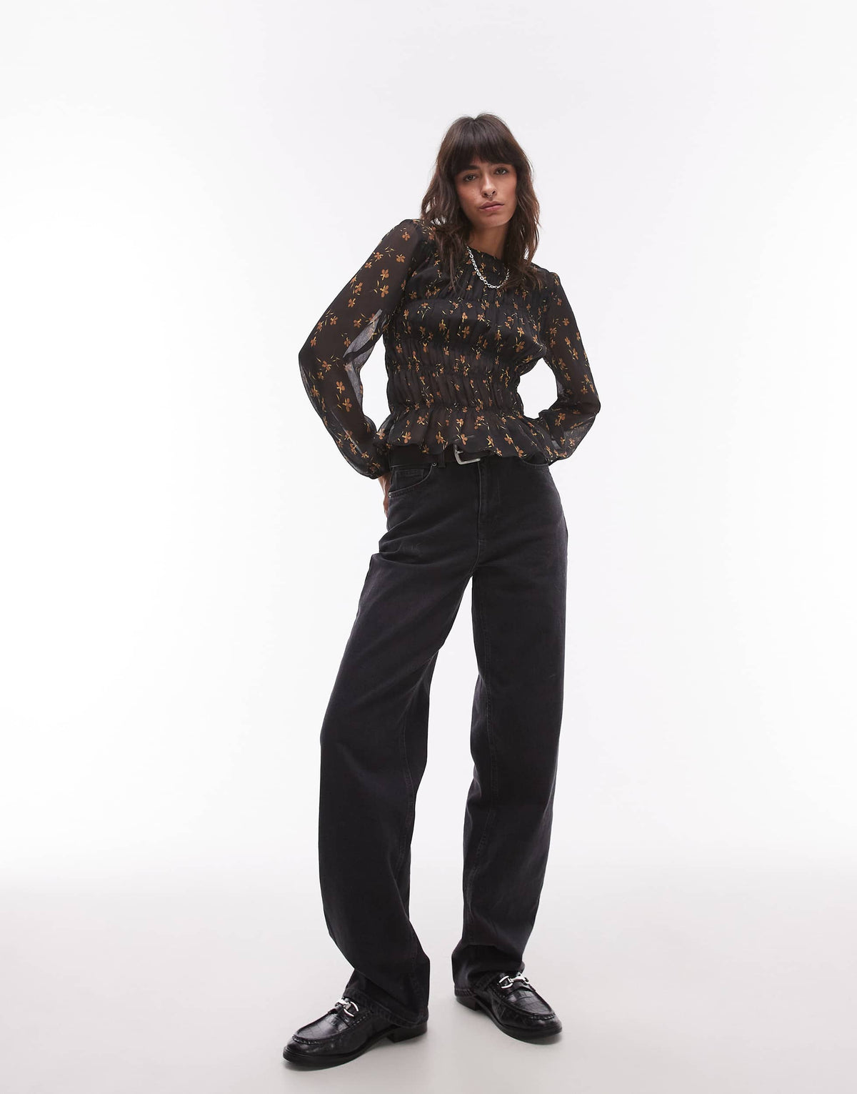 Topshop asymmetric shirred top in sheer black base ditsy