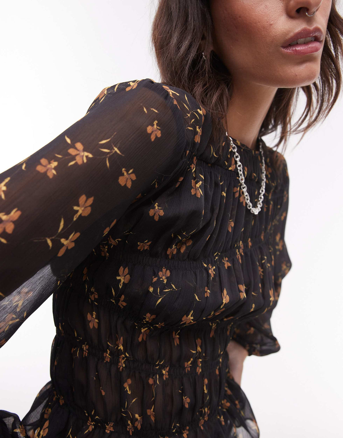 Topshop asymmetric shirred top in sheer black base ditsy
