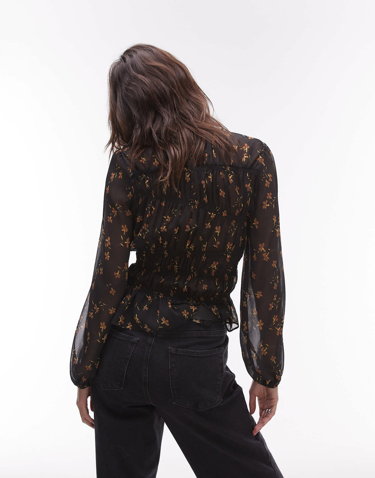 Topshop asymmetric shirred top in sheer black base ditsy