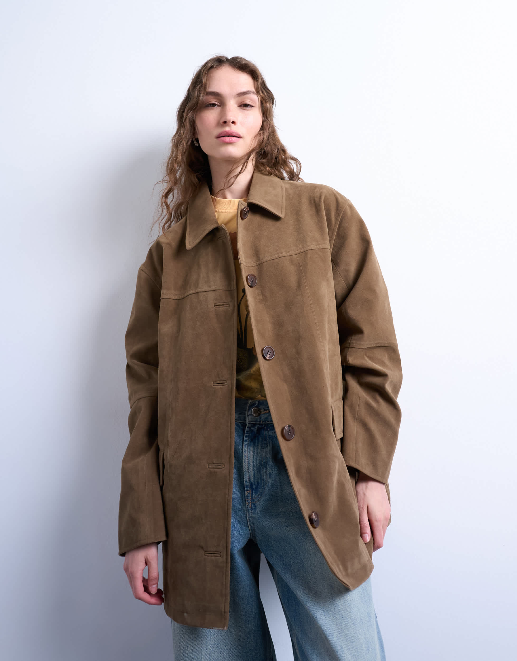 Topshop boxy mid length high break faux suede jacket in brown