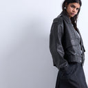 Topshop short bubble faux leather bomber jacket in black