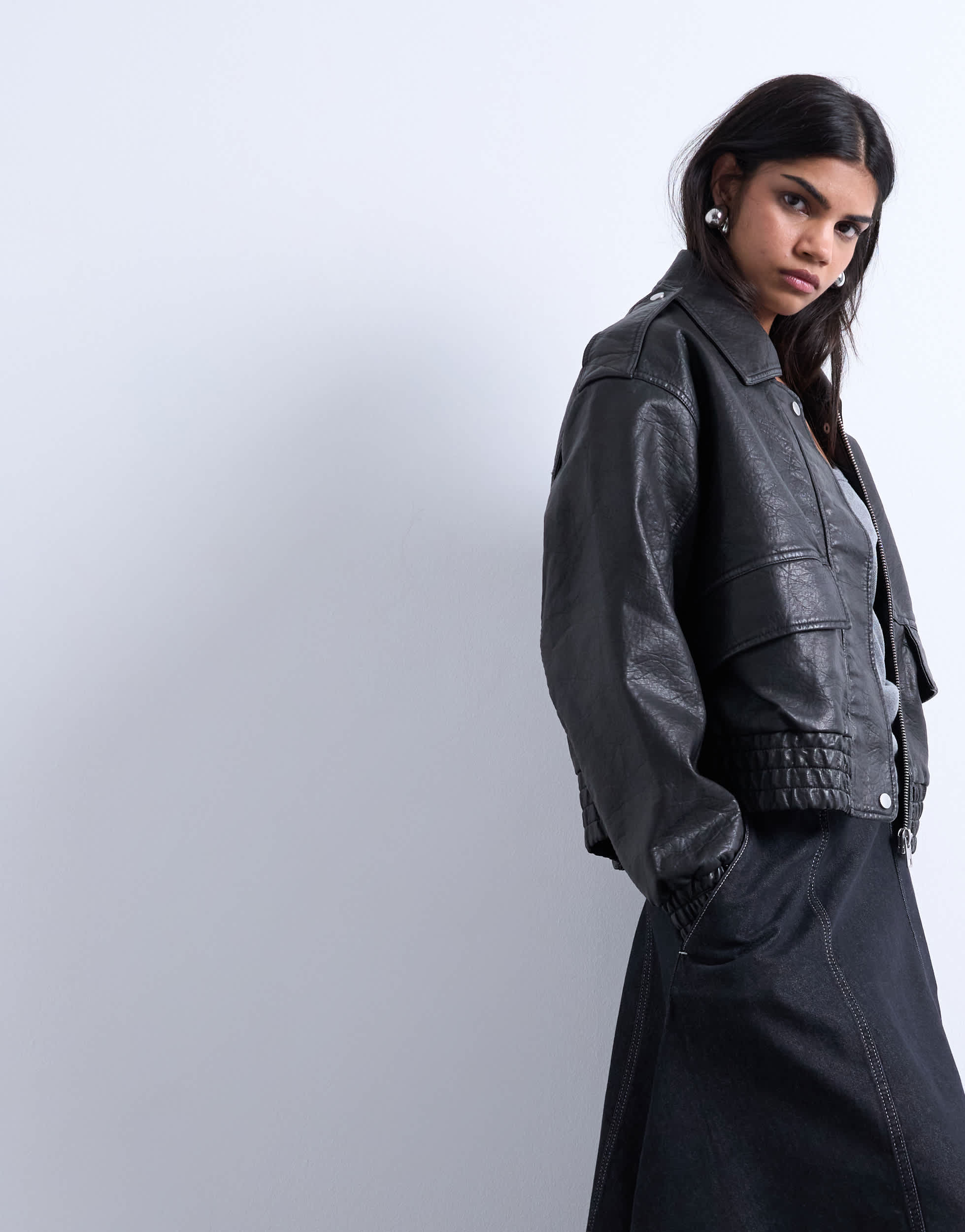 Topshop short bubble faux leather bomber jacket in black