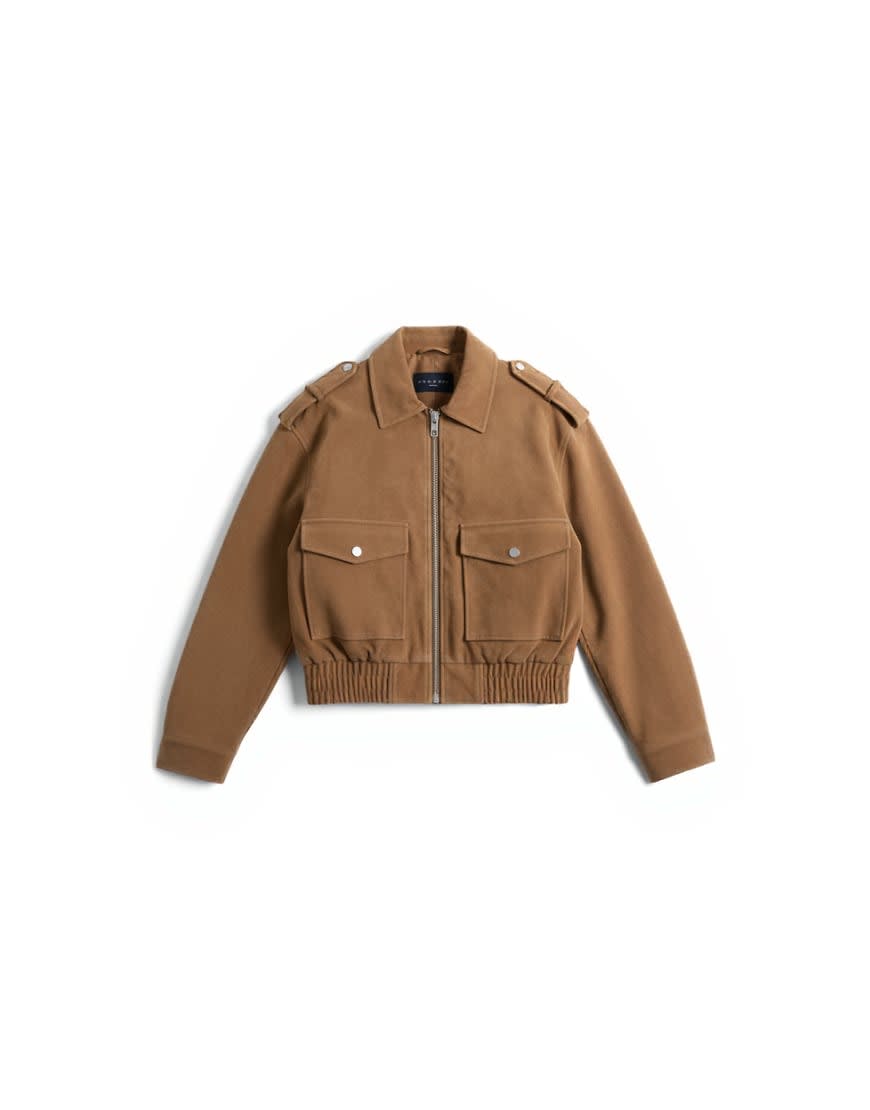 Topshop cropped faux suede bomber jacket with popper details in camel