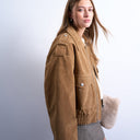 Topshop cropped faux suede bomber jacket with popper details in camel
