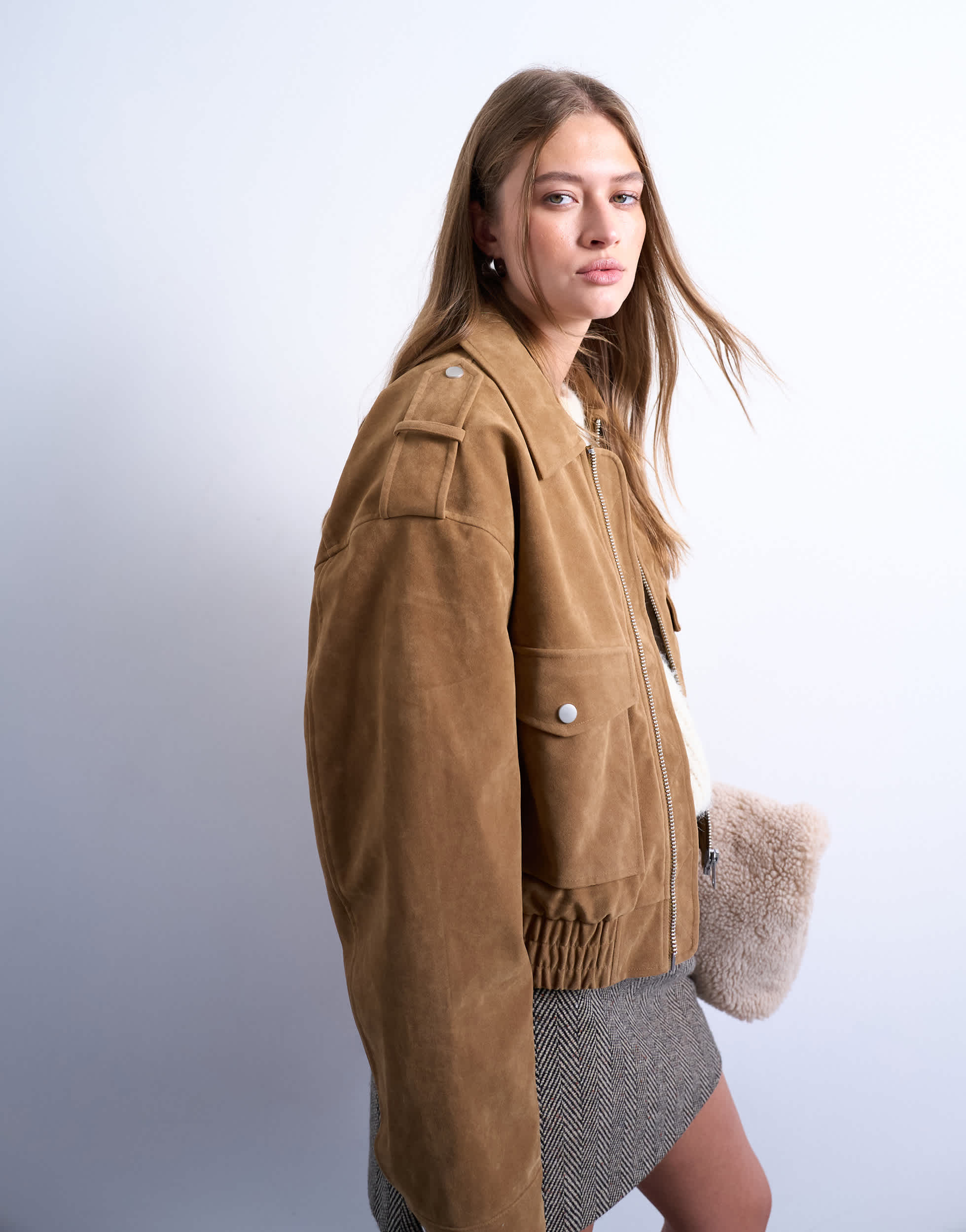 Topshop cropped faux suede bomber jacket with popper details in camel