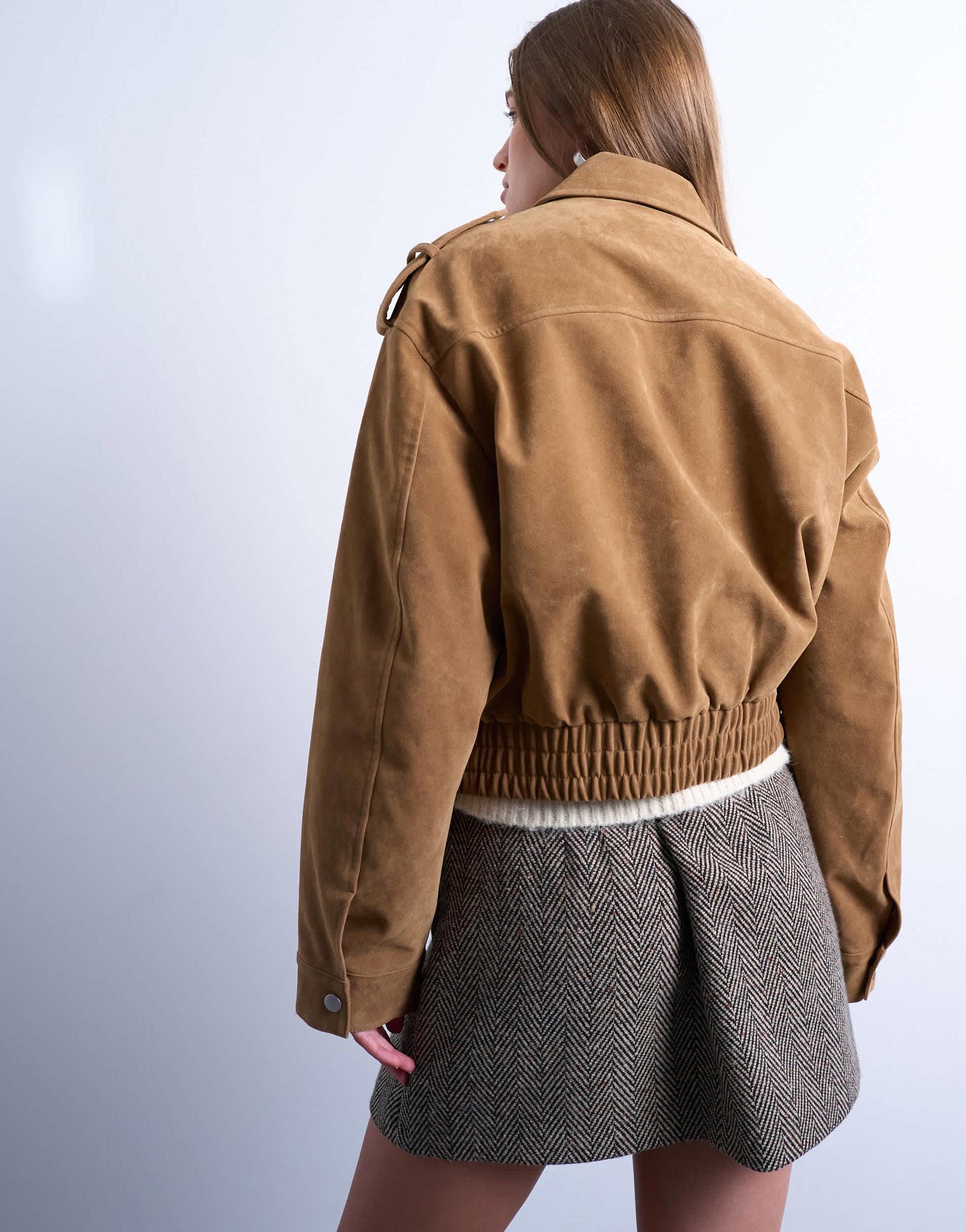 Topshop cropped faux suede bomber jacket with popper details in camel