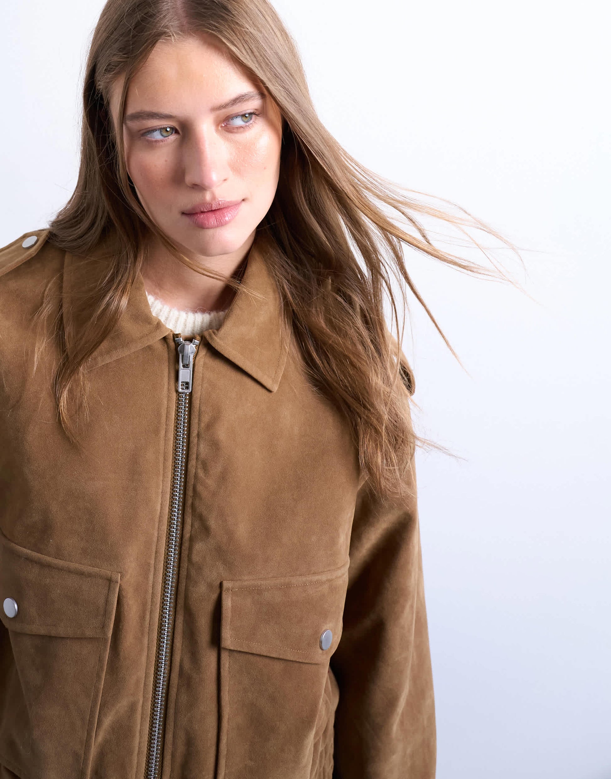 Topshop cropped faux suede bomber jacket with popper details in camel