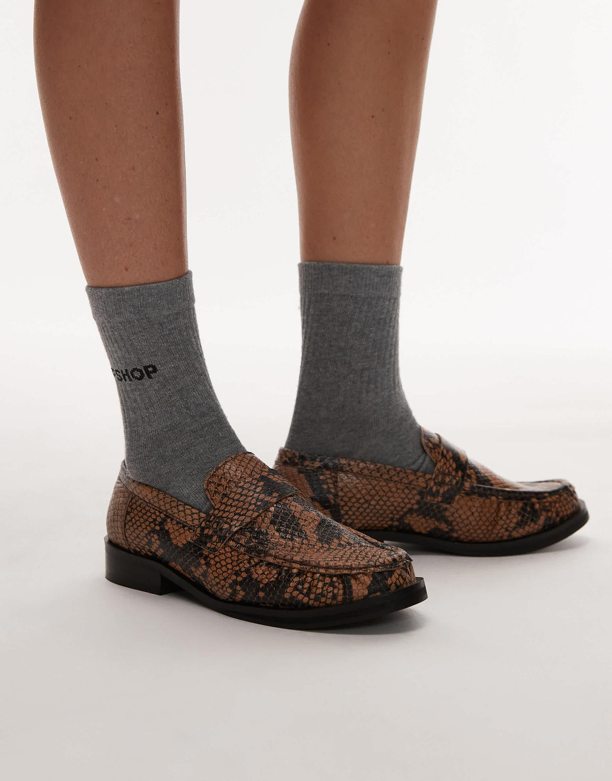 Topshop Carey real leather loafers with ruched detail in snake print