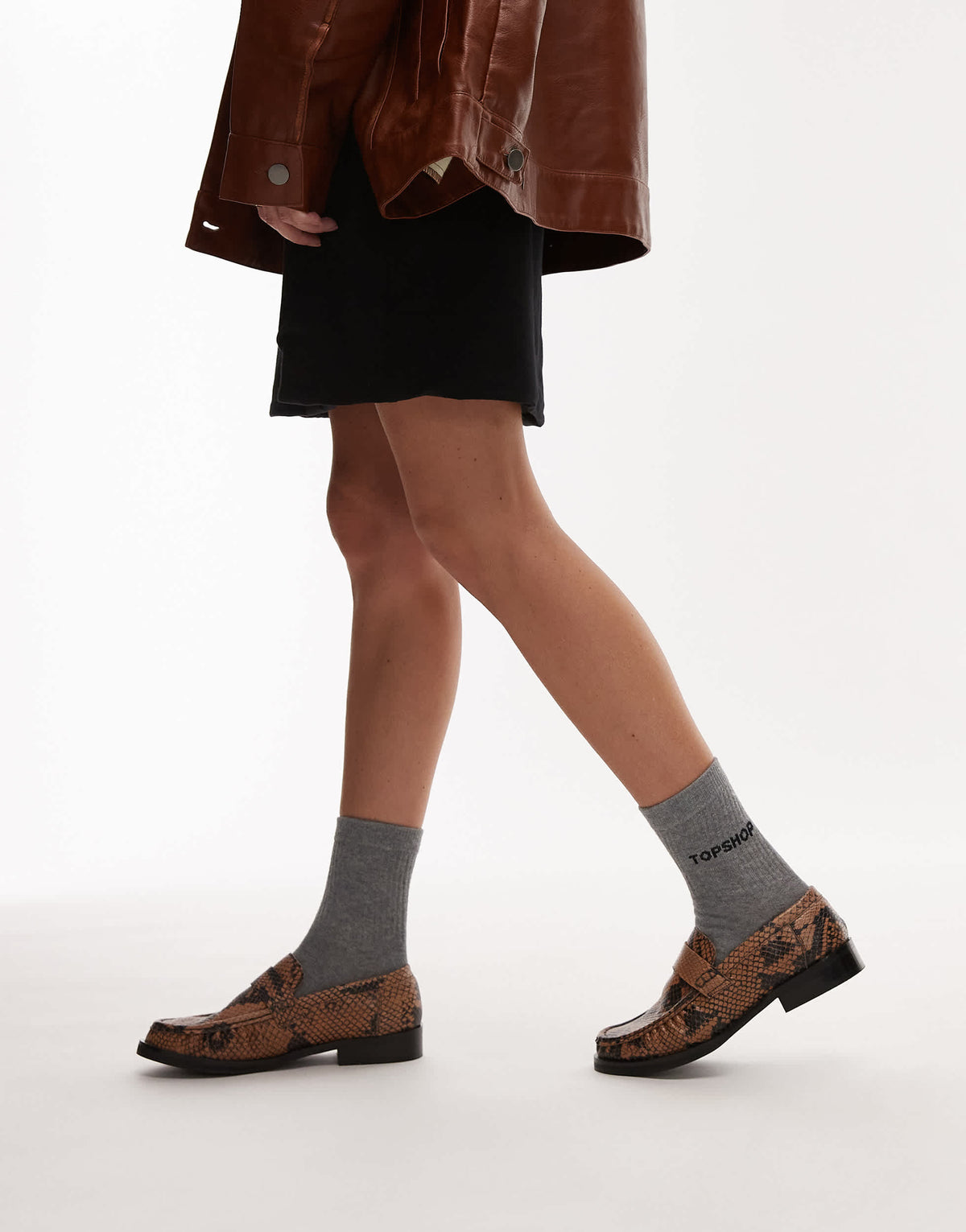 Topshop Carey real leather loafers with ruched detail in snake print