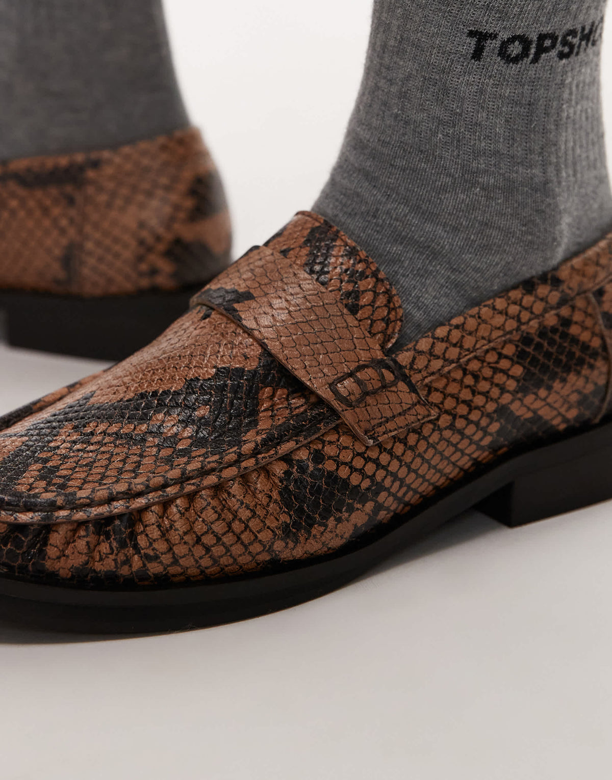 Topshop Carey real leather loafers with ruched detail in snake print