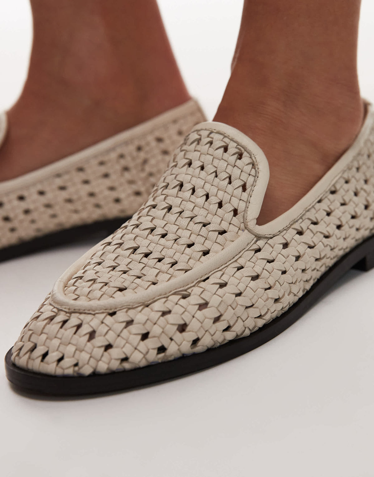 Topshop Connor real leather woven loafer in off white