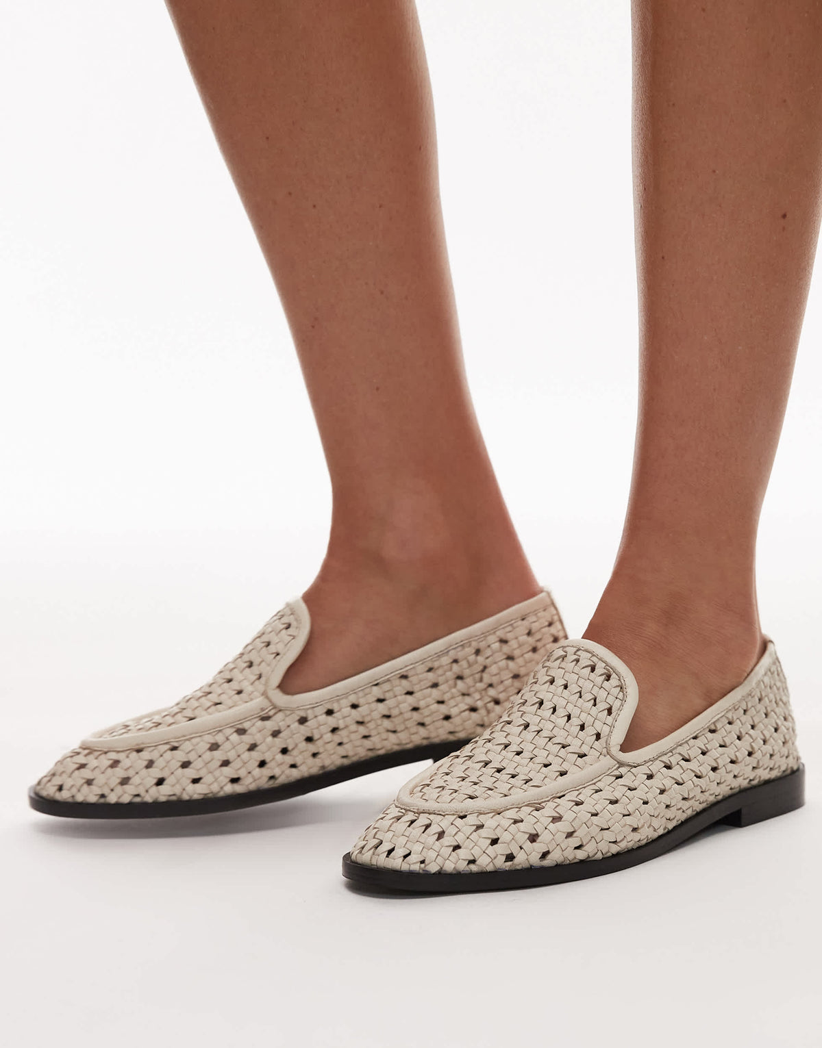 Topshop Connor real leather woven loafer in off white