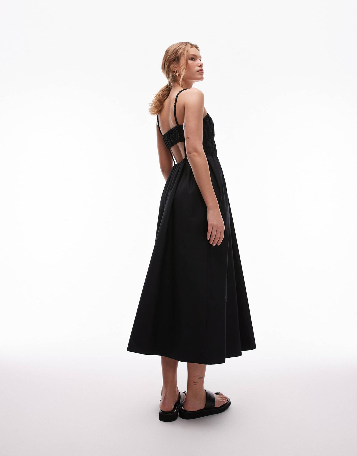 Topshop shirred poplin midi dress in black