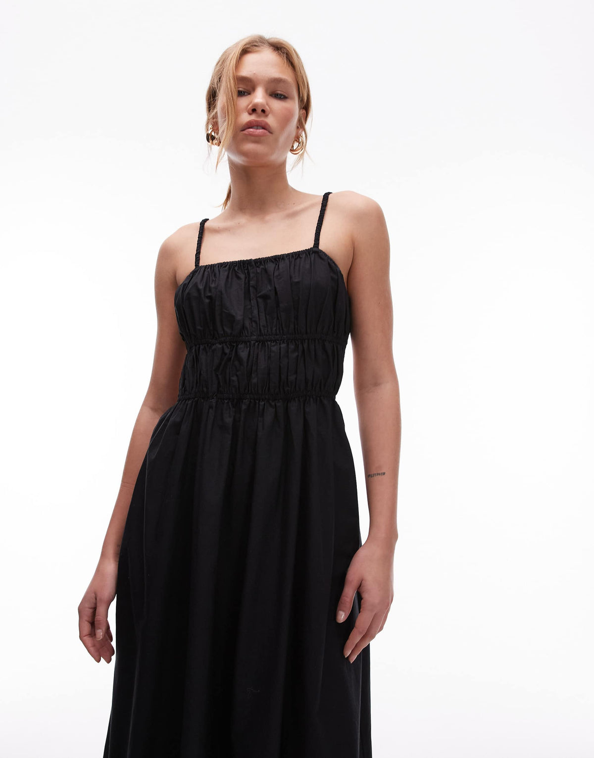 Topshop shirred poplin midi dress in black