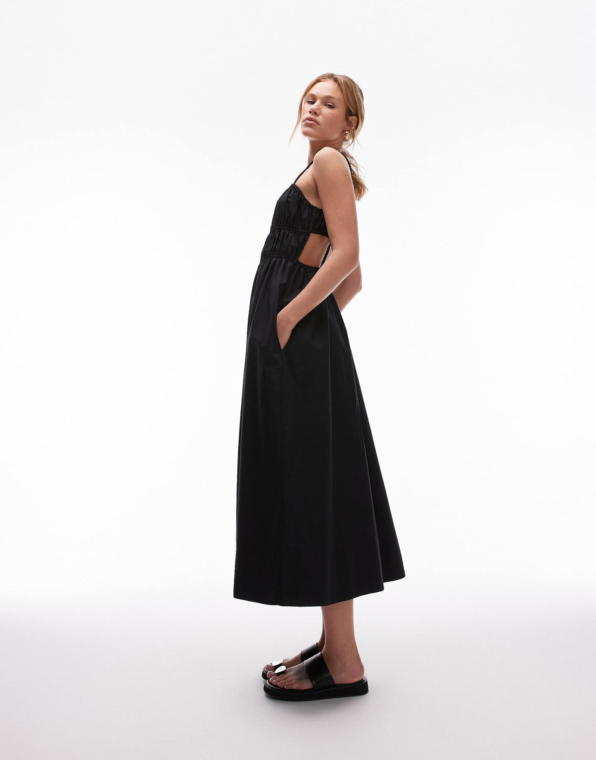 Topshop shirred poplin midi dress in black