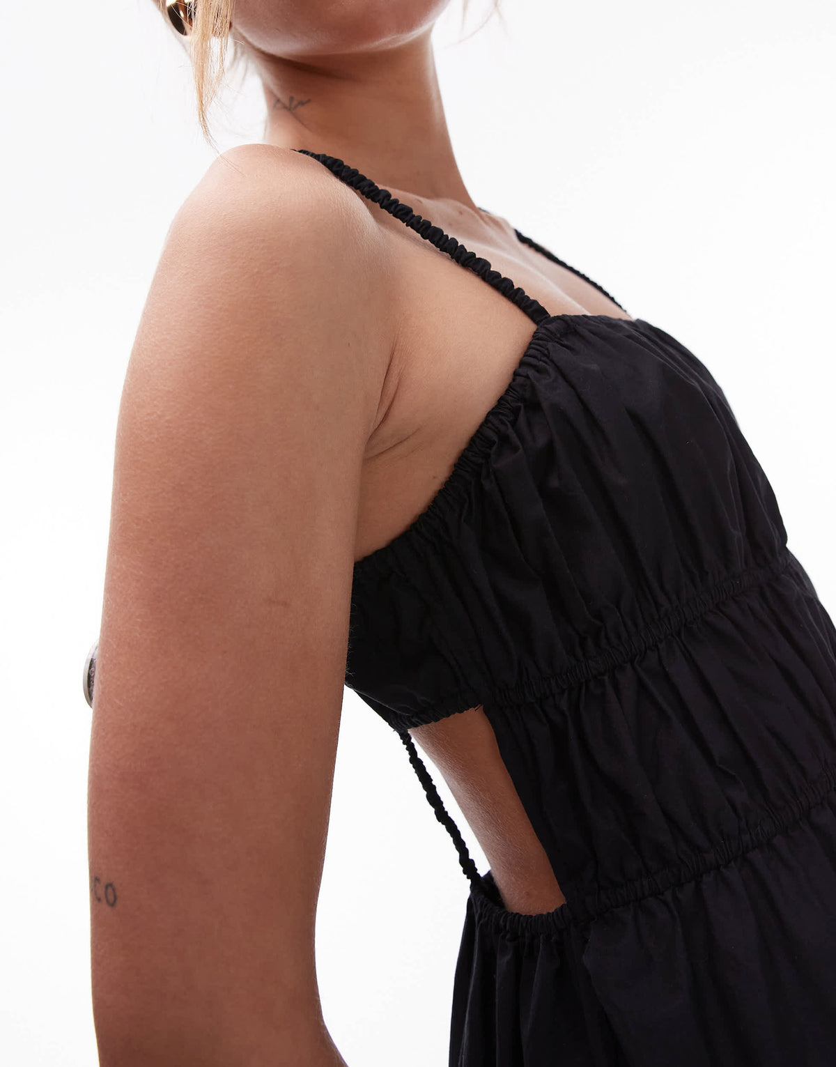 Topshop shirred poplin midi dress in black