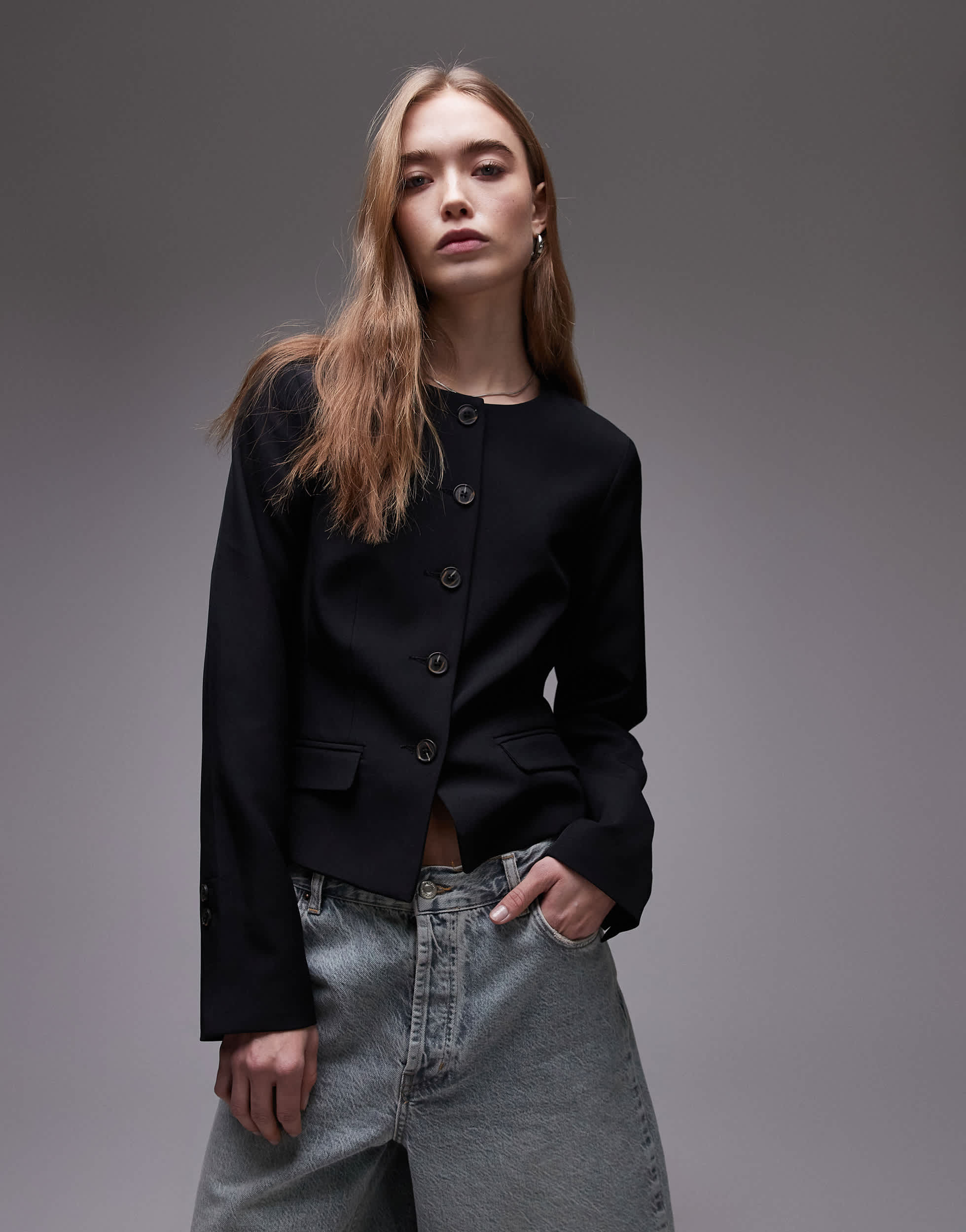 Topshop round neck collarless blazer in black