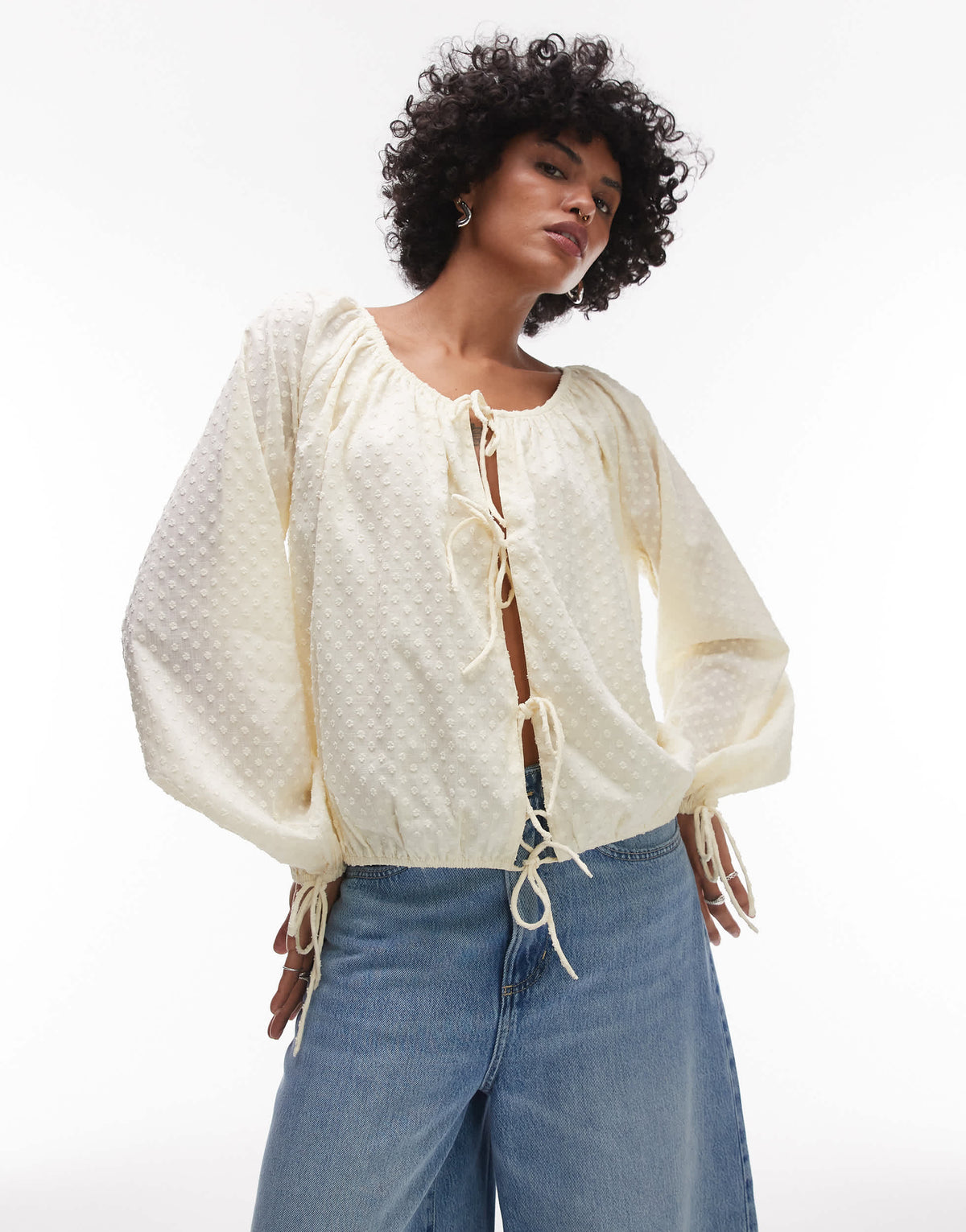 Topshop dobby ruched neck tie front top in buttermilk