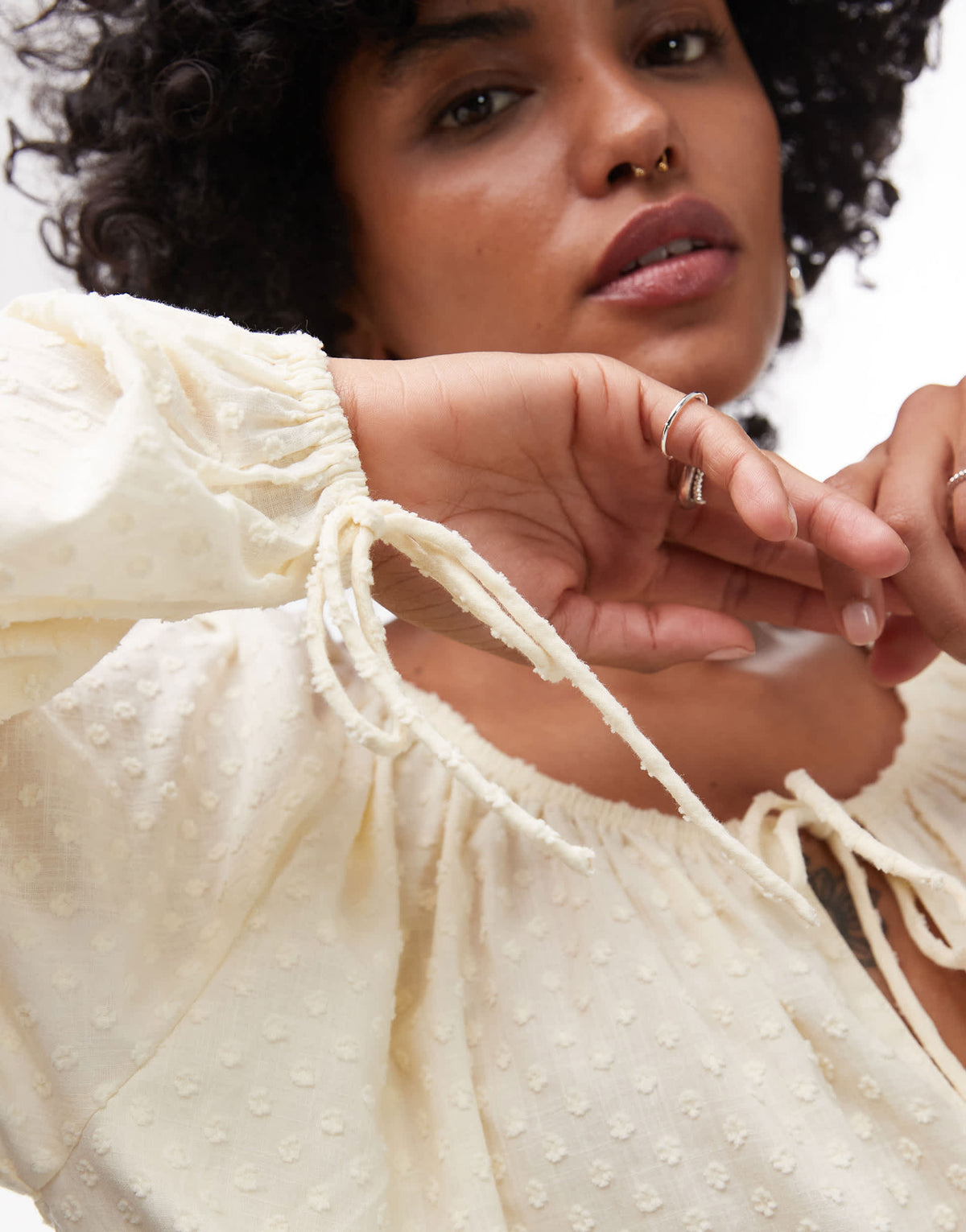 Topshop dobby ruched neck tie front top in buttermilk
