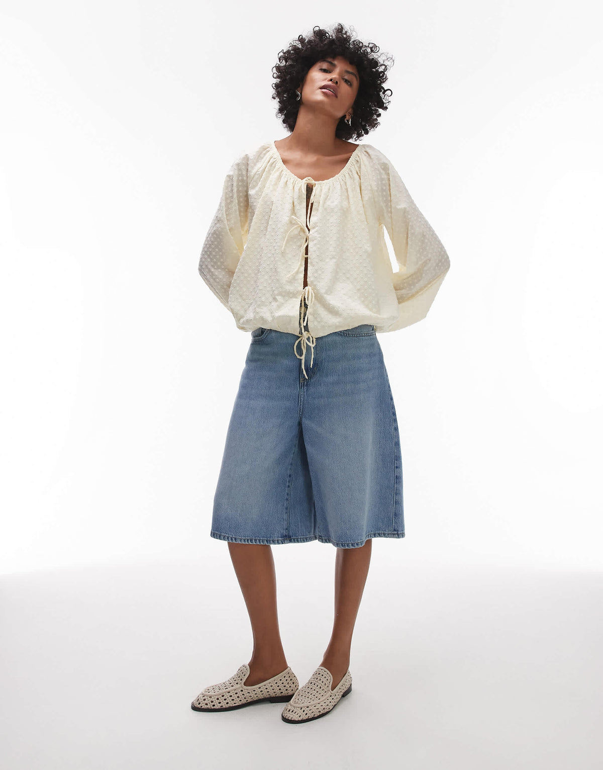 Topshop dobby ruched neck tie front top in buttermilk