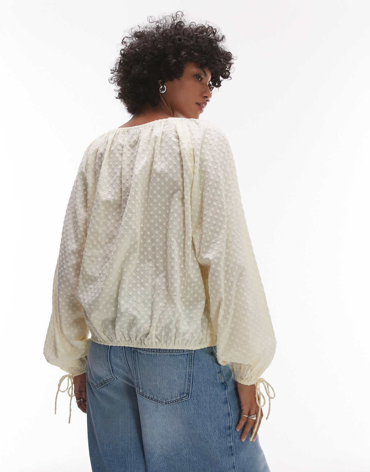 Topshop dobby ruched neck tie front top in buttermilk