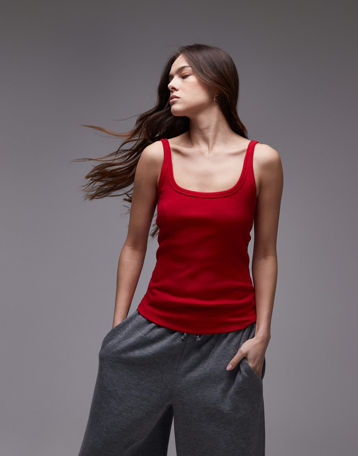 Topshop skinny strap scoop rib vest in cherry red