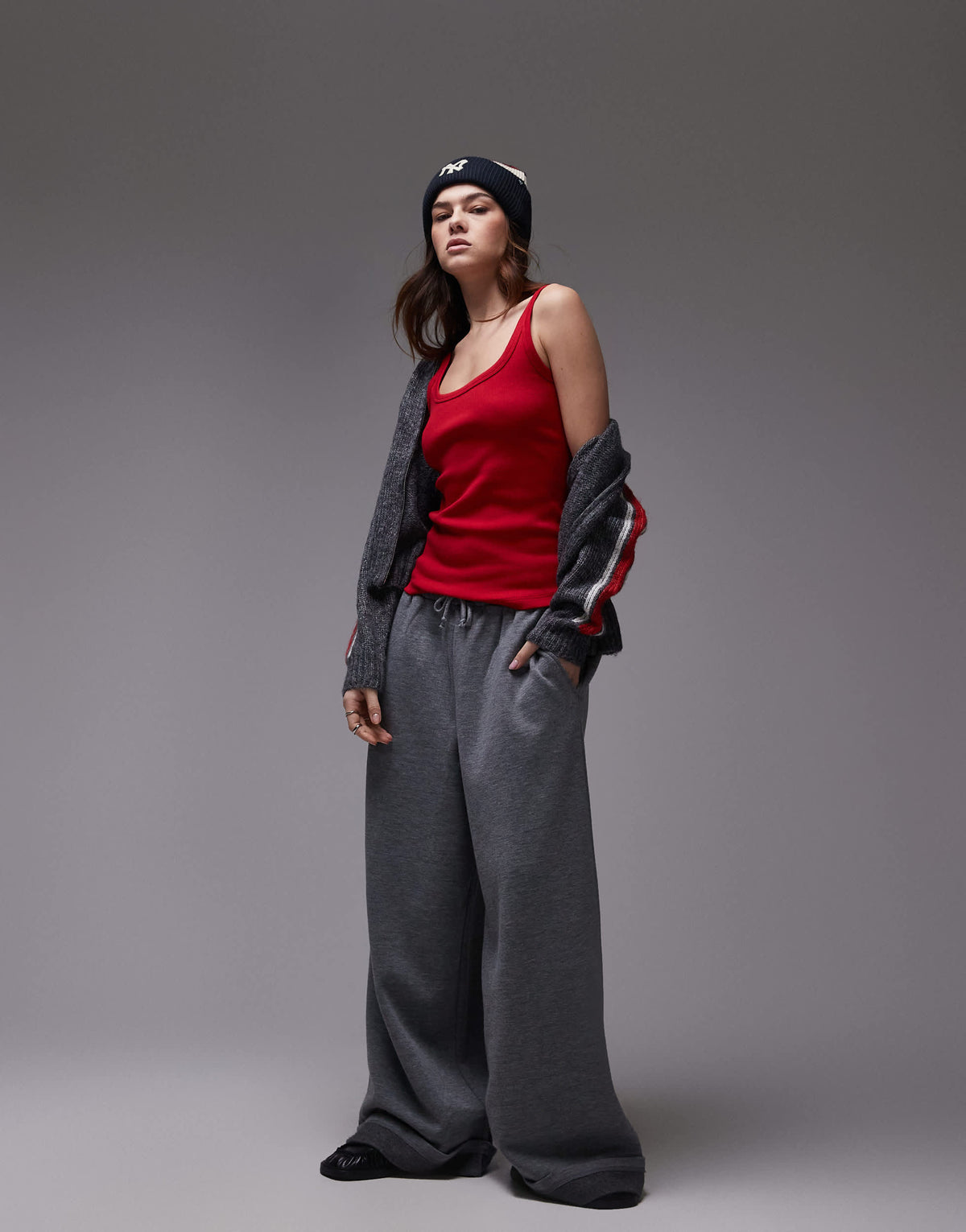 Topshop skinny strap scoop rib vest in cherry red