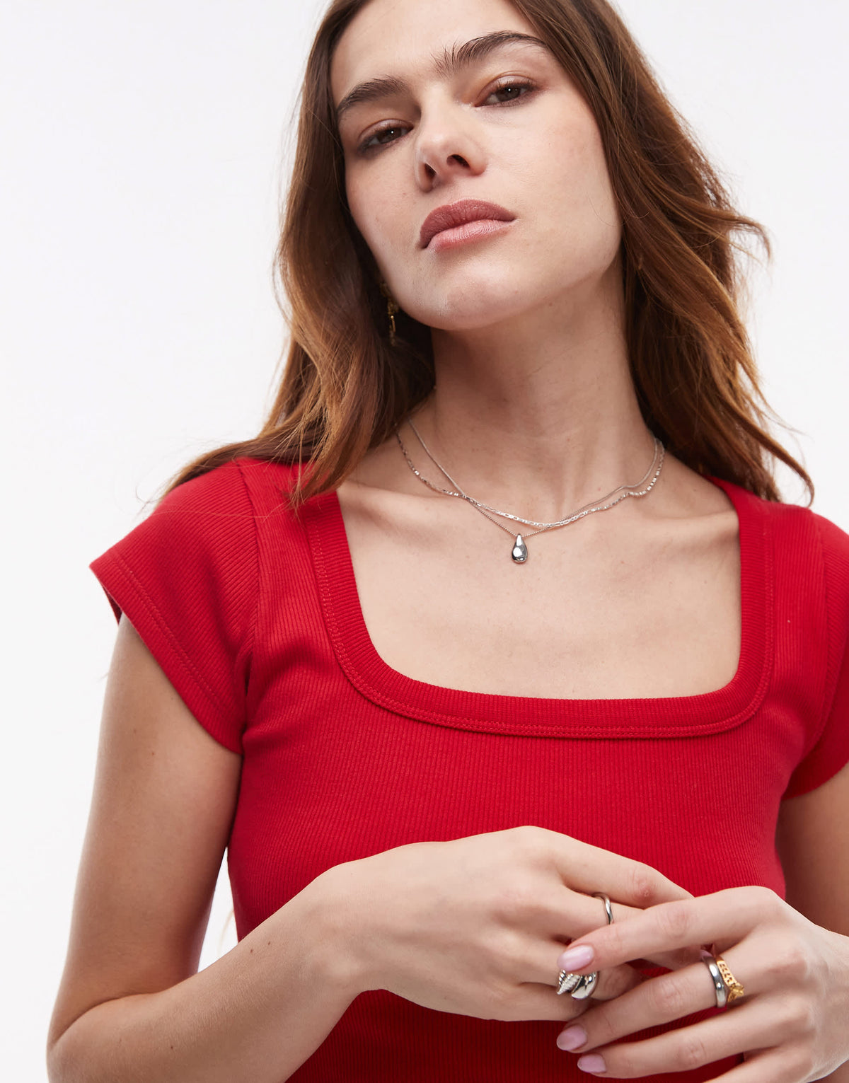 Topshop square neck rib cap sleeve tee in cherry red