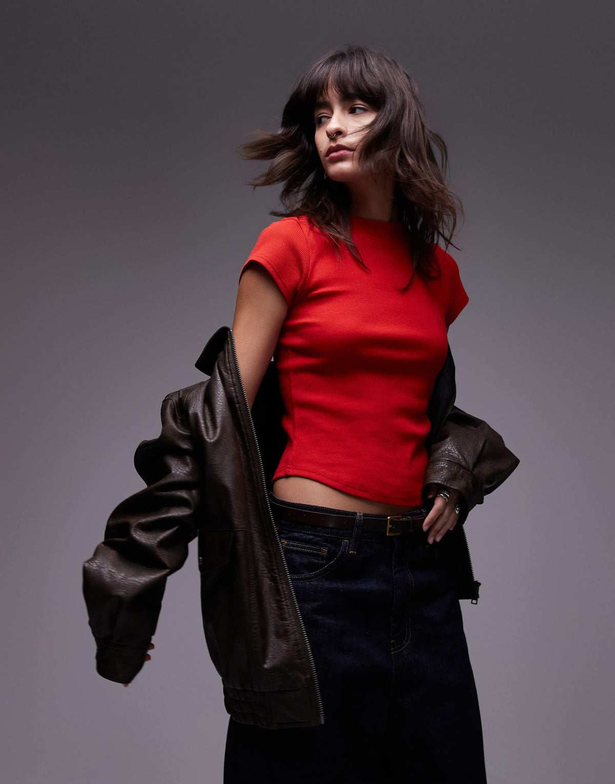 Topshop rib fitted curve hem tee in red