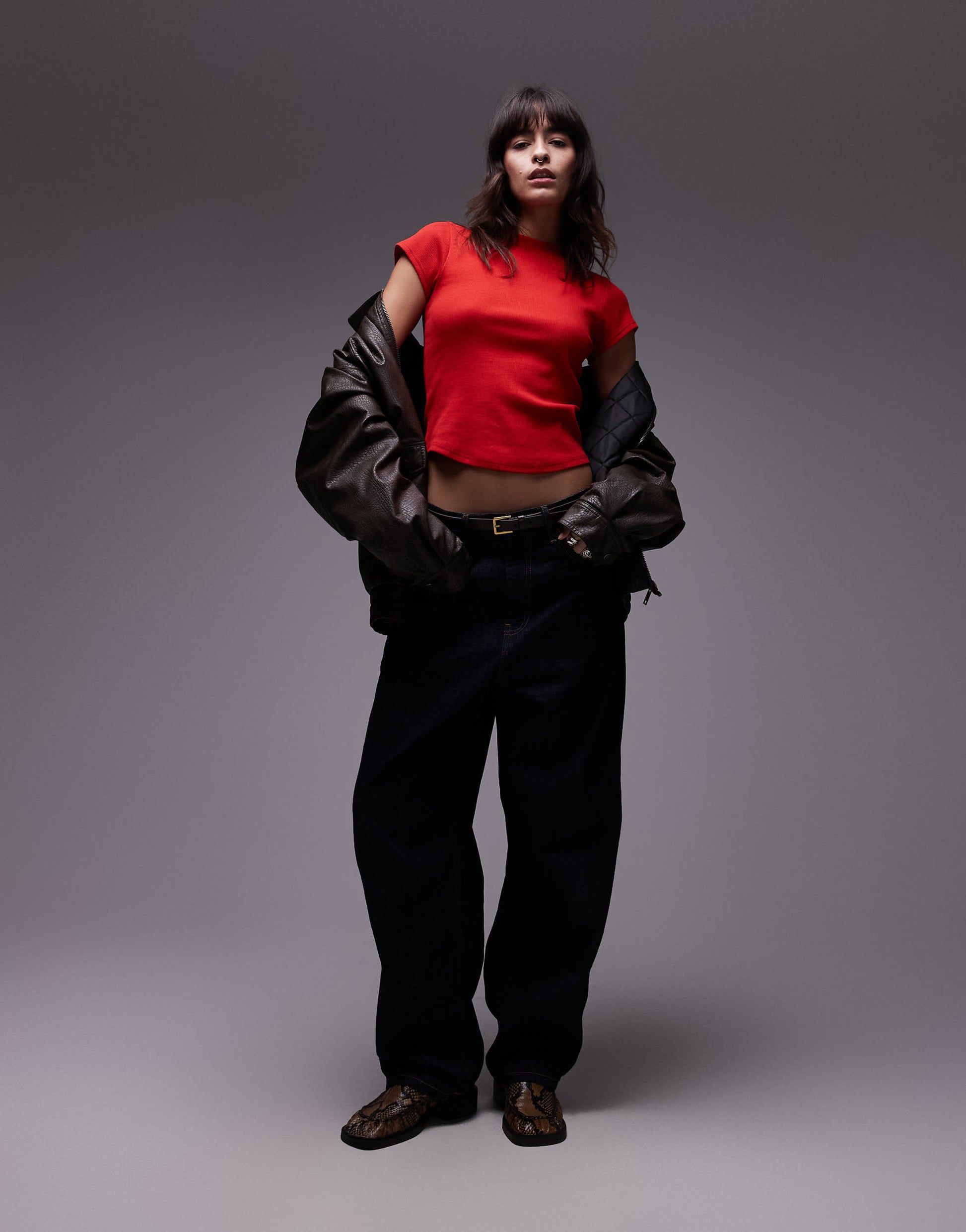 Topshop rib fitted curve hem tee in red