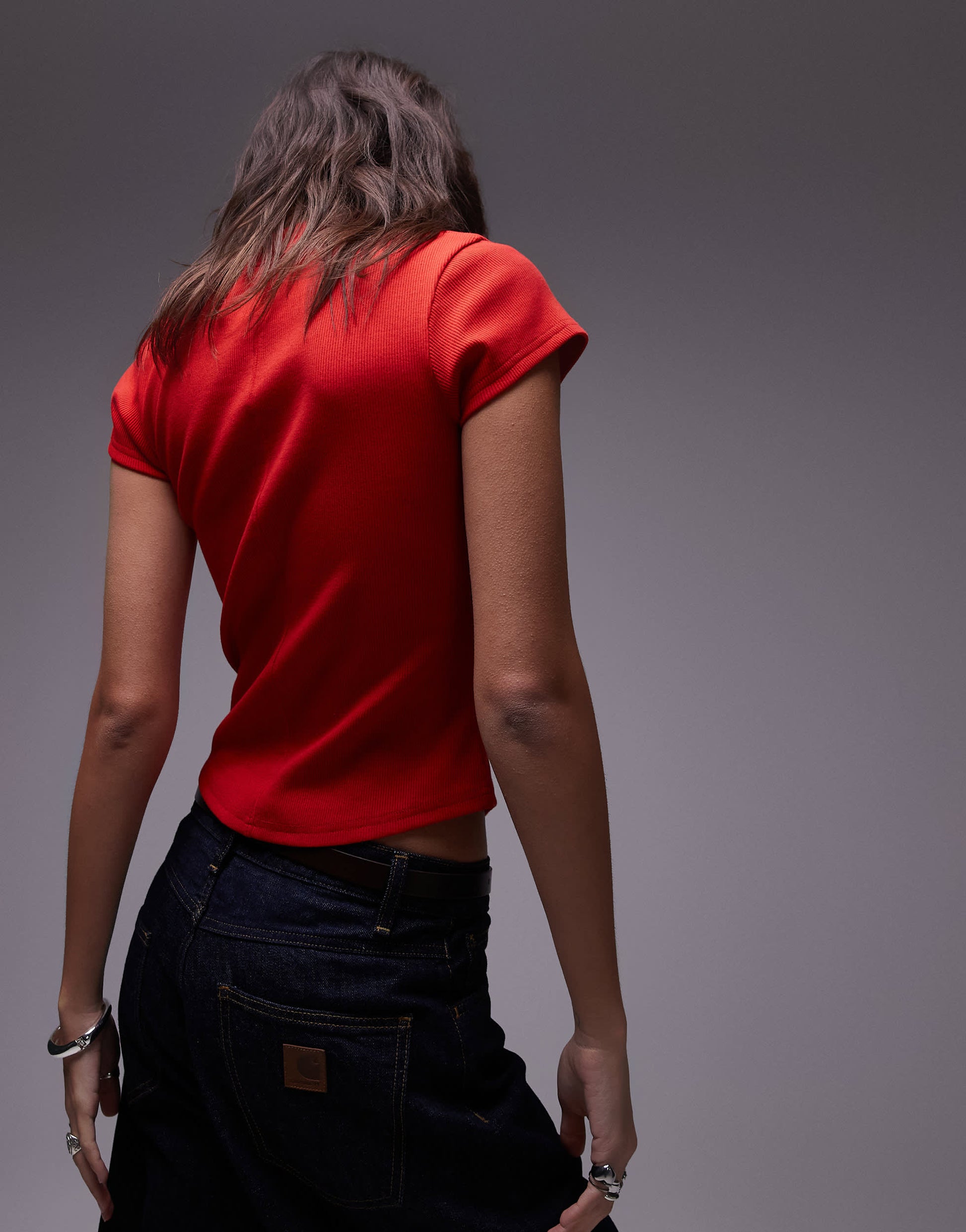 Topshop rib fitted curve hem tee in red