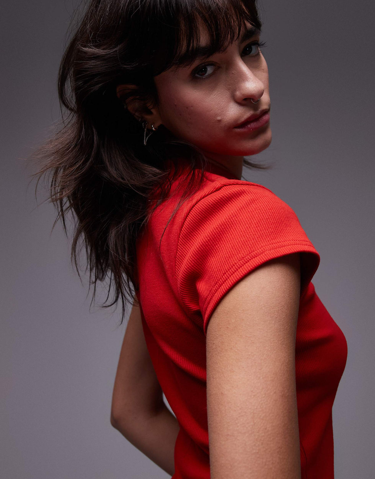 Topshop rib fitted curve hem tee in red