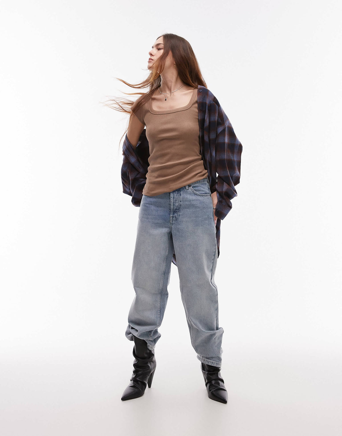 Topshop square neck rib cap sleeve tee in fudge brown