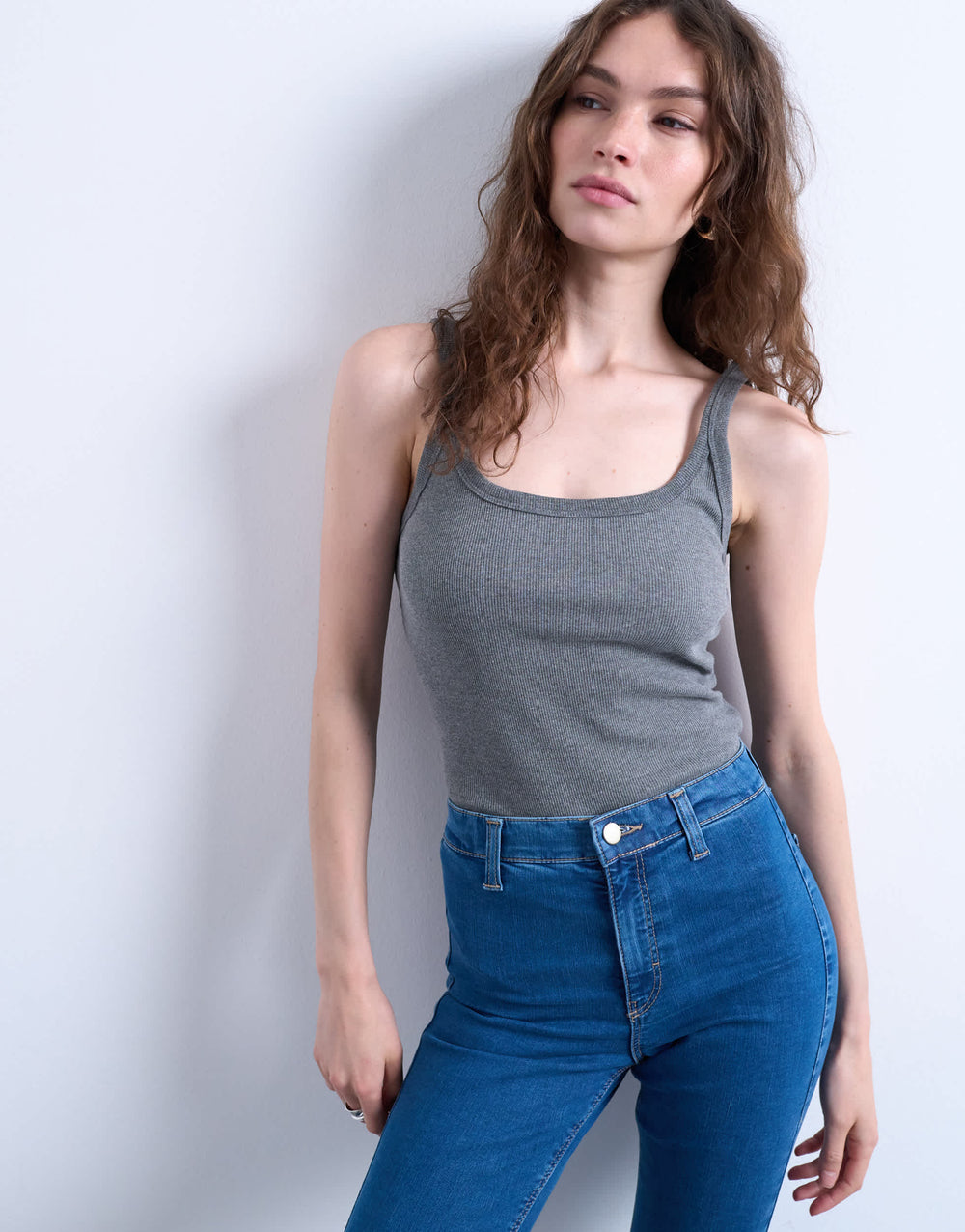Topshop skinny strap scoop rib vest in dark grey marl