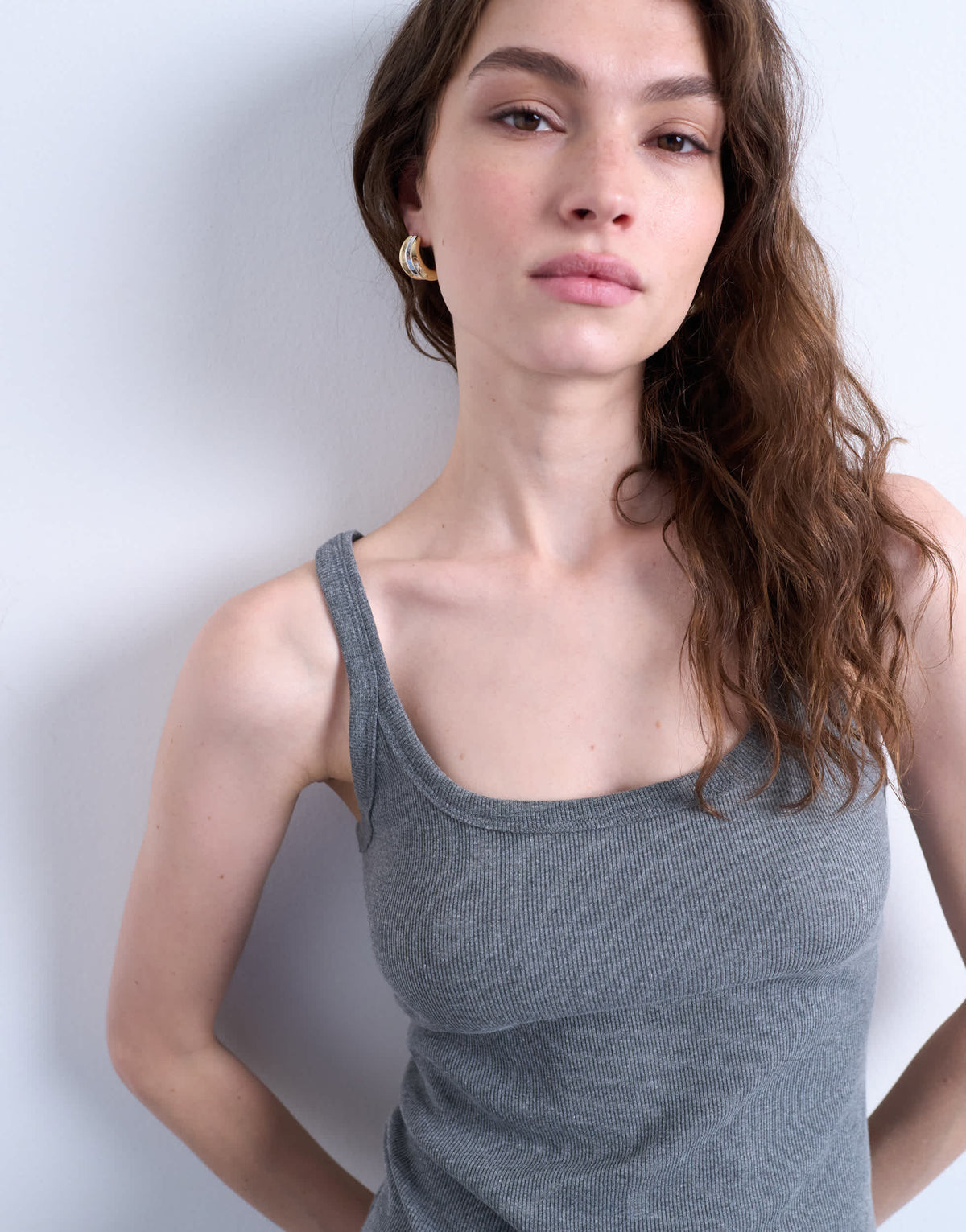 Topshop skinny strap scoop rib vest in dark grey marl