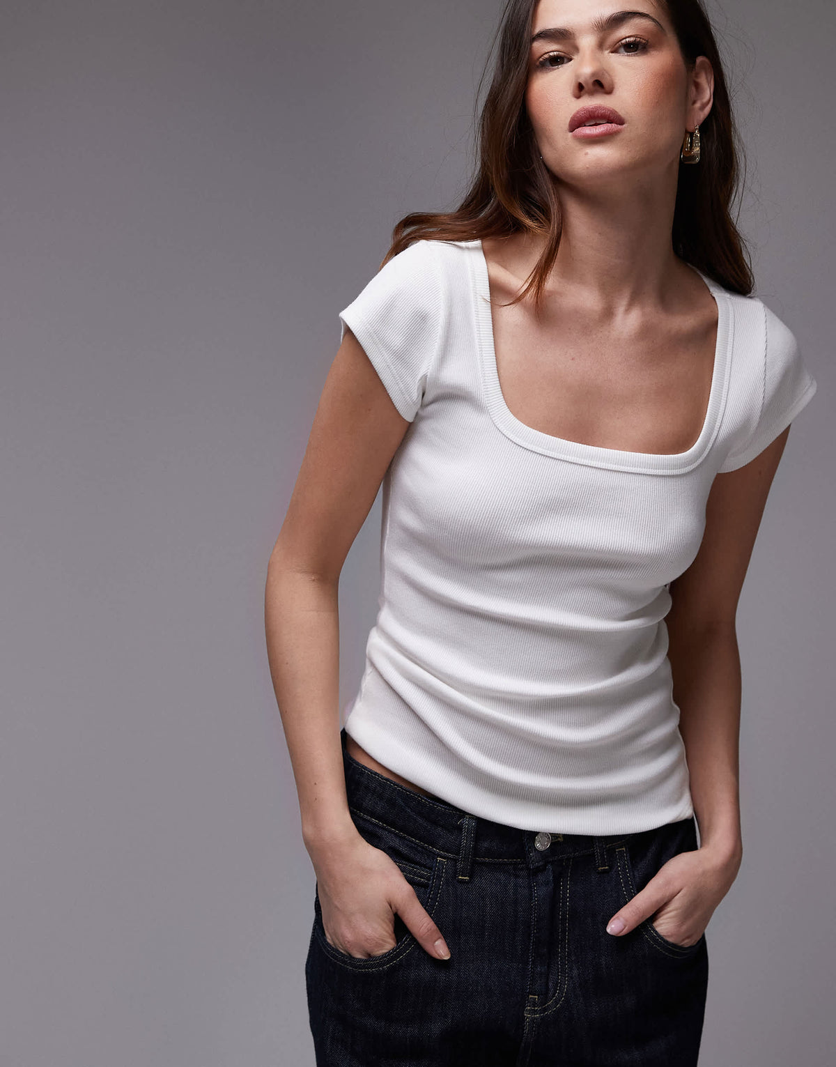 Topshop square neck rib cap sleeve tee in white