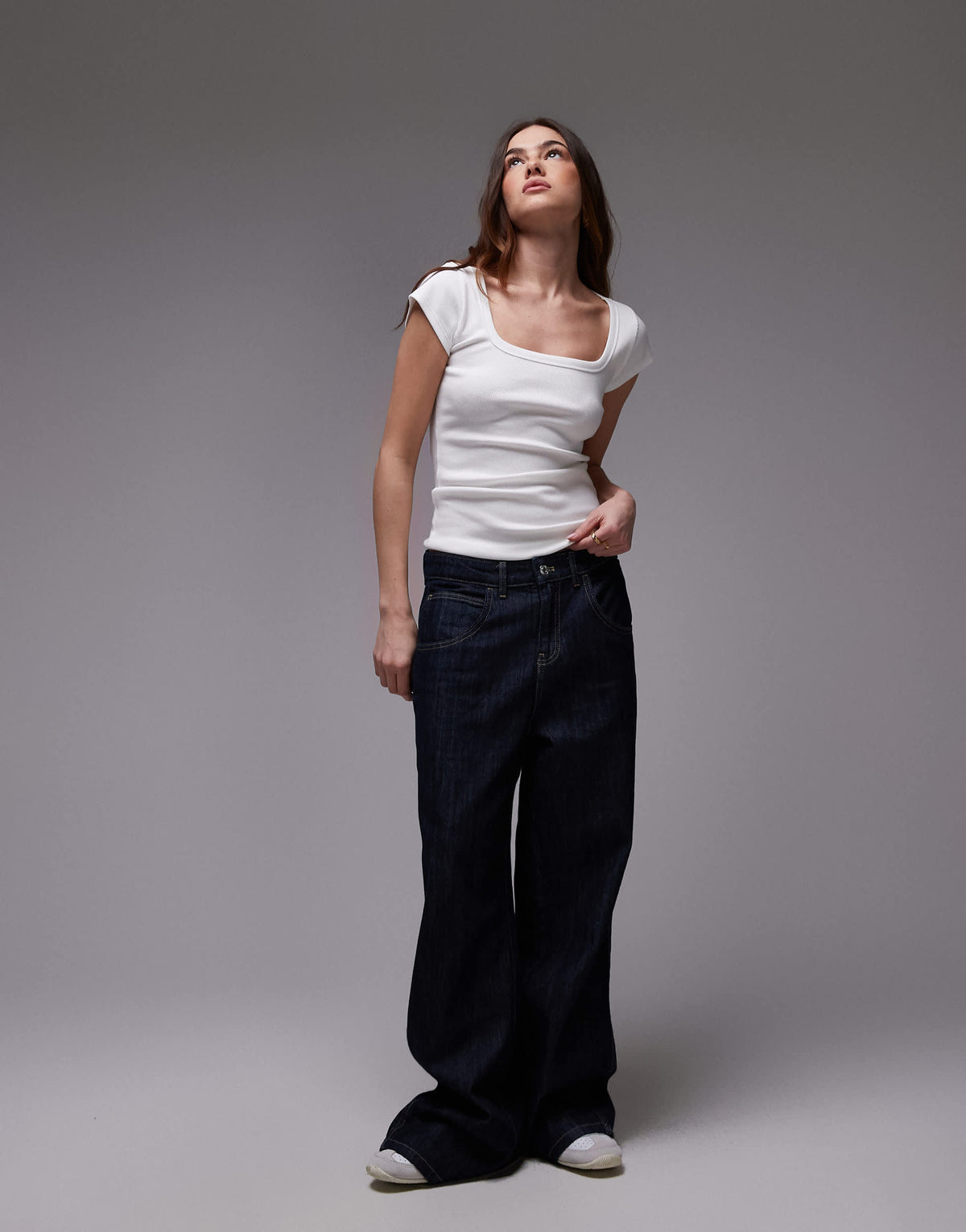 Topshop square neck rib cap sleeve tee in white